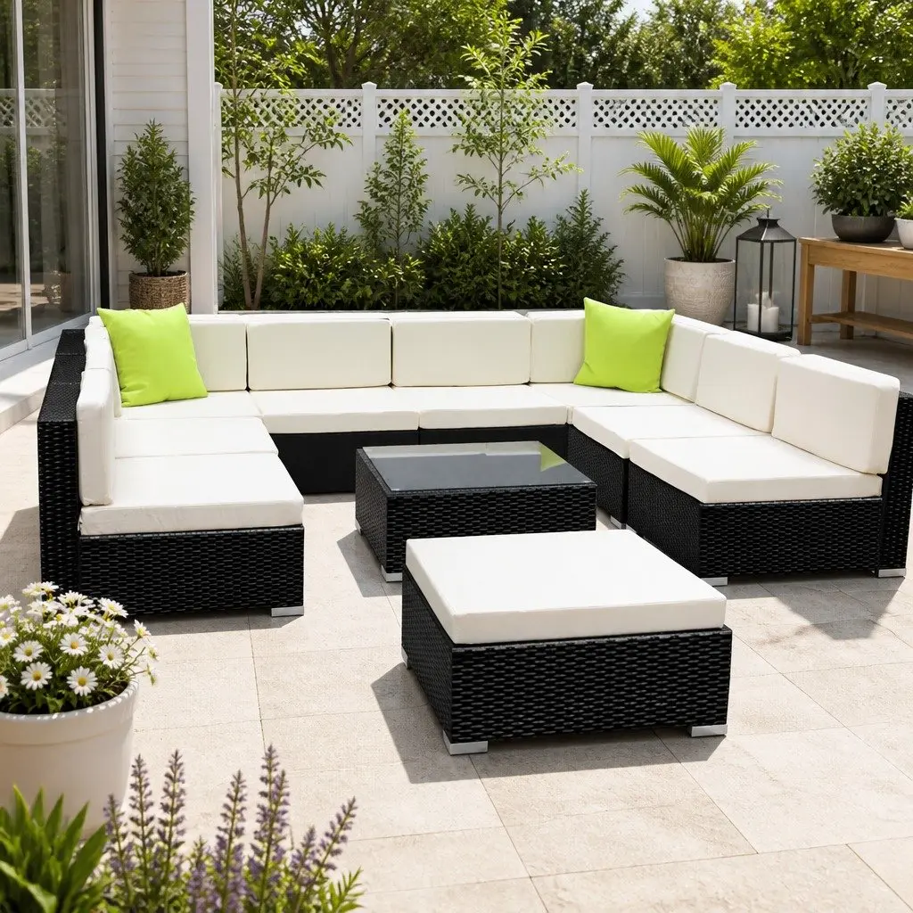 10 Piece Outdoor Wicker Sofa Set Black Aluminium Frame with Beige Cushions and Lime Green Throw Pillows for Garden and Patio Use