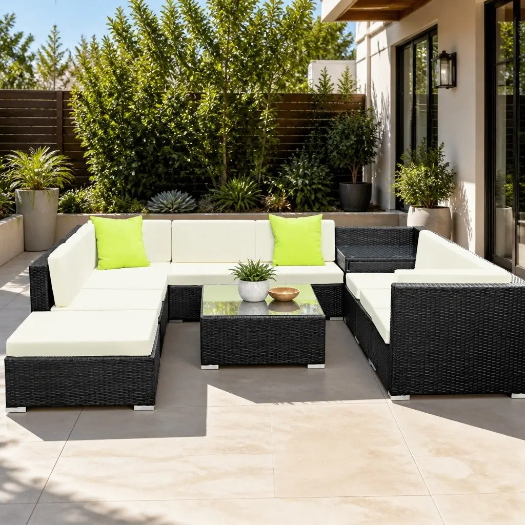 11 Piece Outdoor Wicker Sofa Set Black Cushioned Seating with Glass-Top Tables