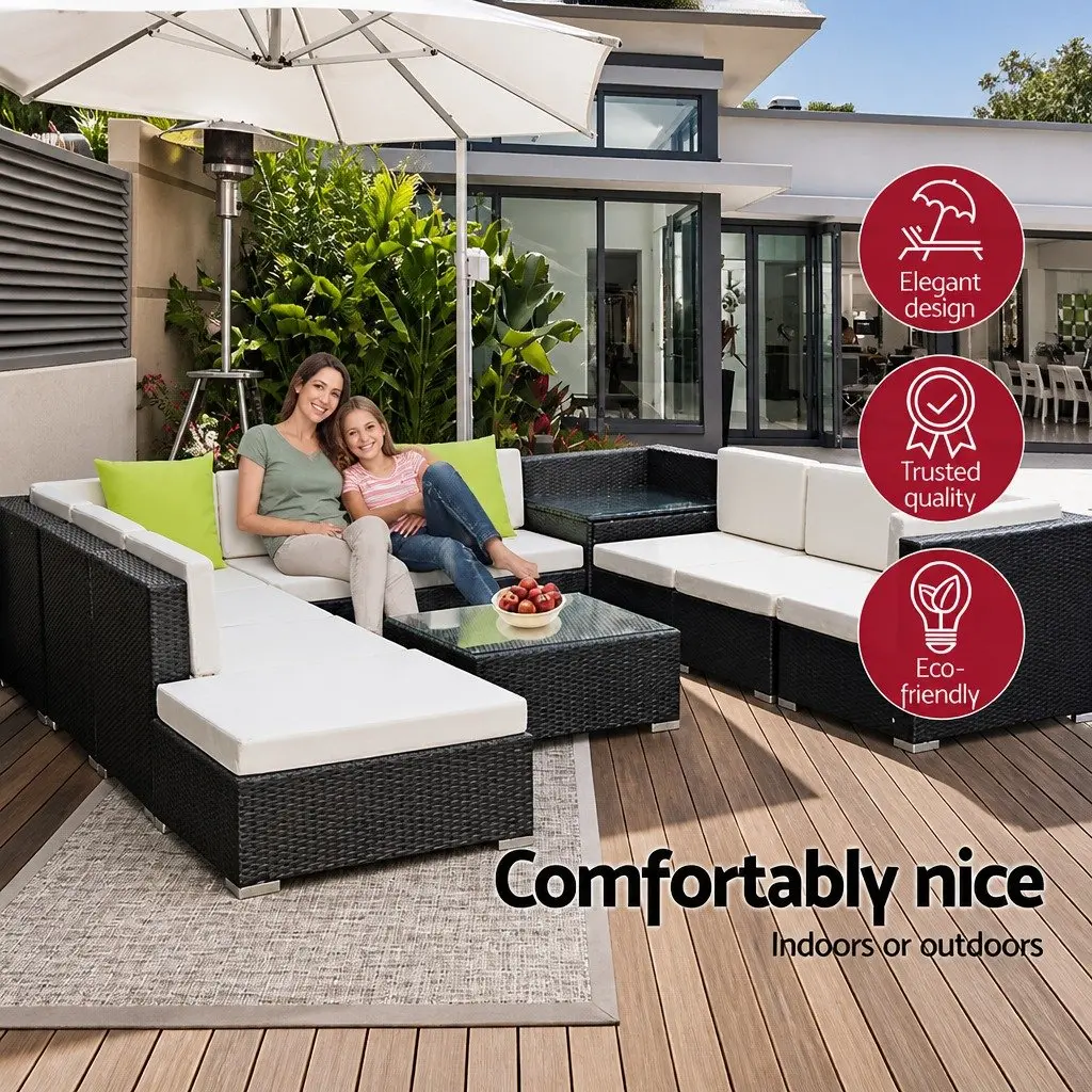 11 Piece Outdoor Wicker Sofa Set Black Cushioned Seating with Glass-Top Tables