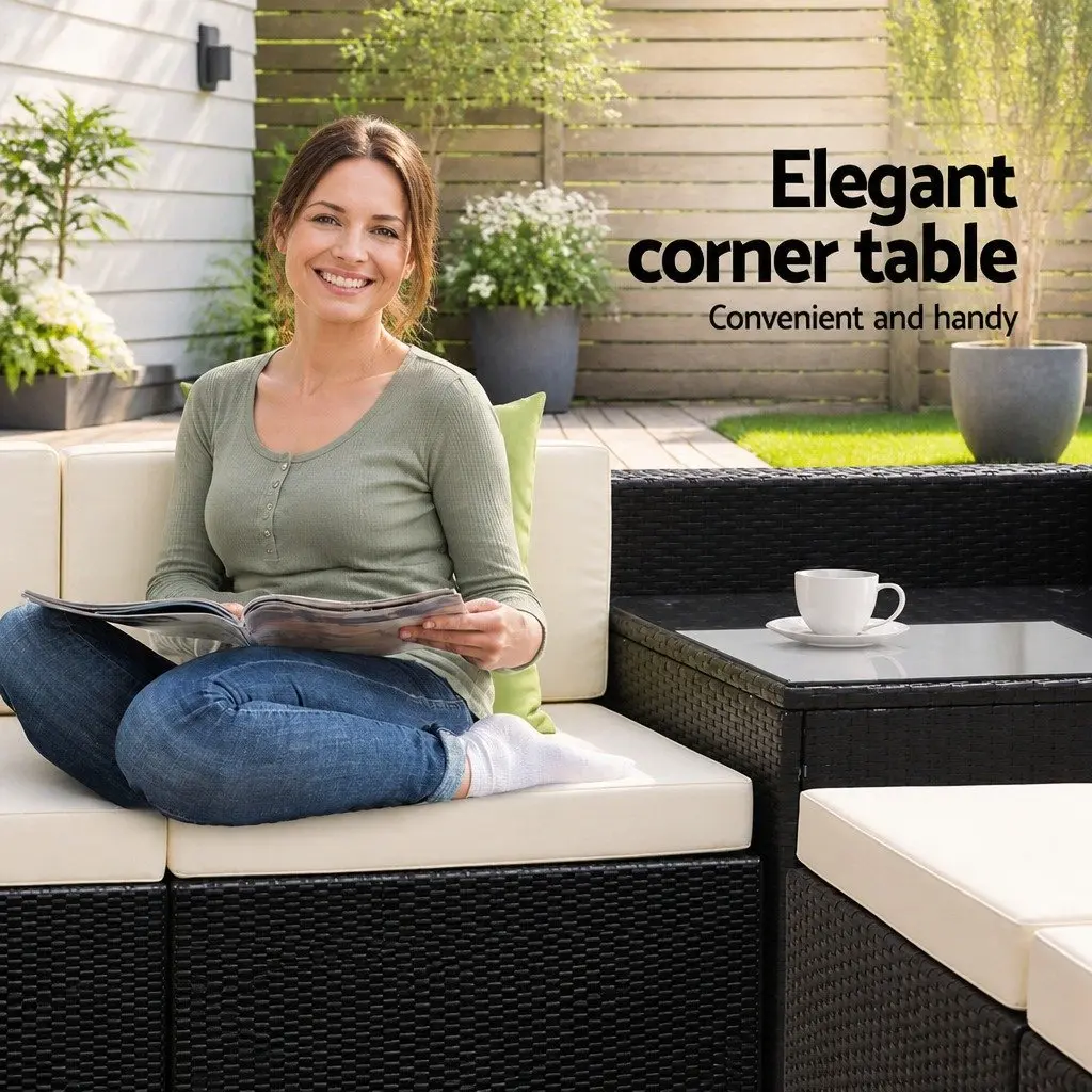 11 Piece Outdoor Wicker Sofa Set Black Cushioned Seating with Glass-Top Tables