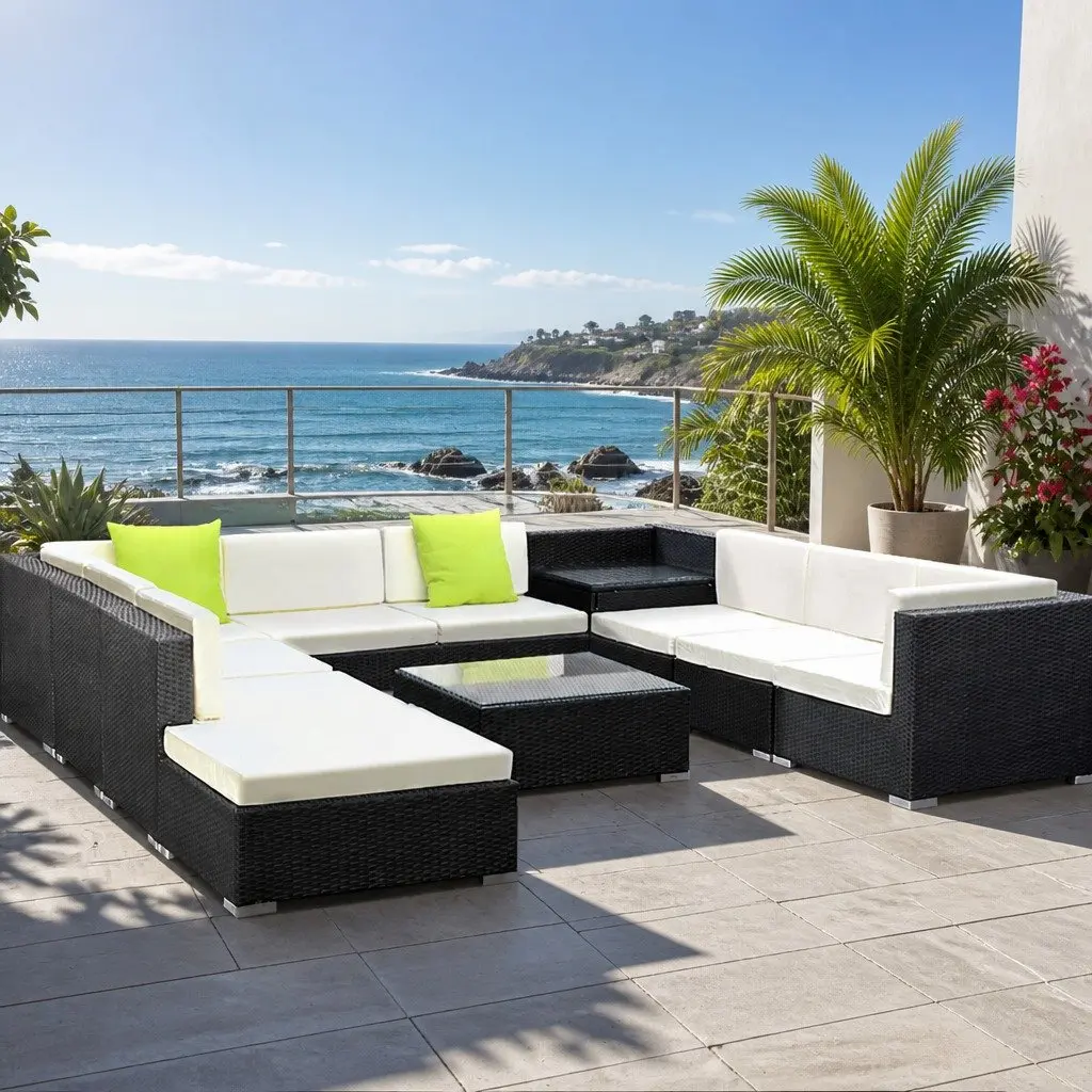 11 Piece Outdoor Wicker Sofa Set Black Cushioned Seating with Glass-Top Tables