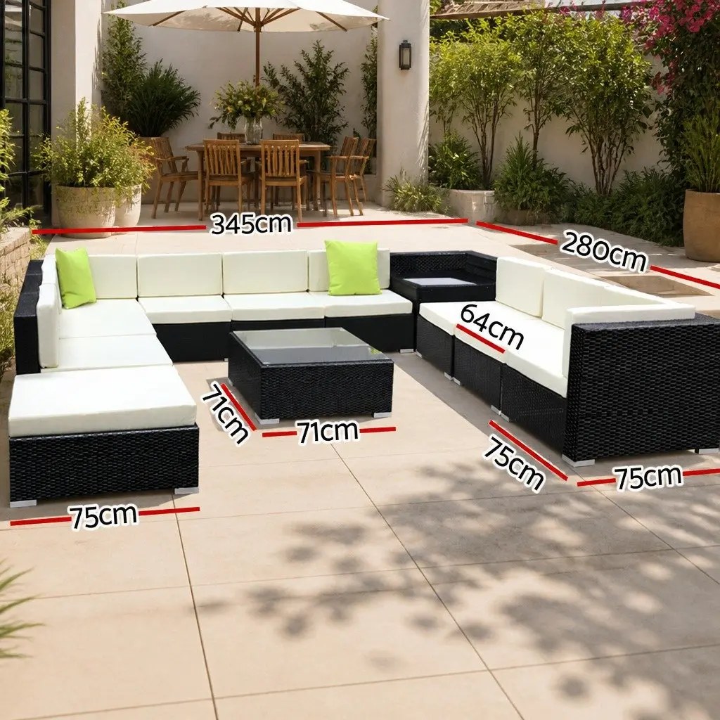 12 Piece Outdoor Wicker Sofa Set Black Aluminium Frame Beige Cushions