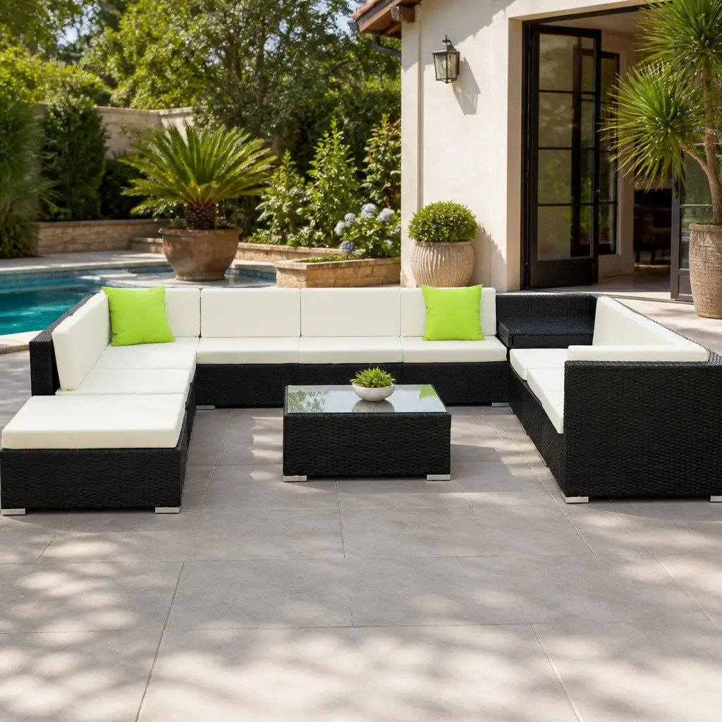 12 Piece Outdoor Wicker Sofa Set Black Aluminium Frame Beige Cushions