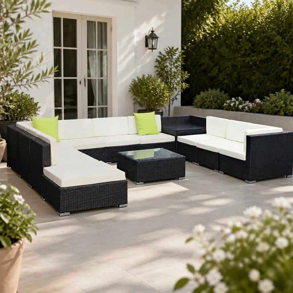12 Piece Outdoor Wicker Sofa Set Black Aluminium Frame Beige Cushions