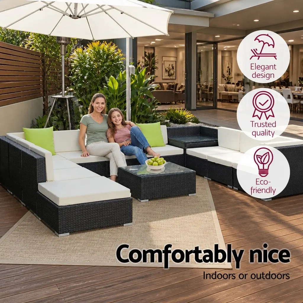 12 Piece Outdoor Wicker Sofa Set Black Aluminium Frame Beige Cushions