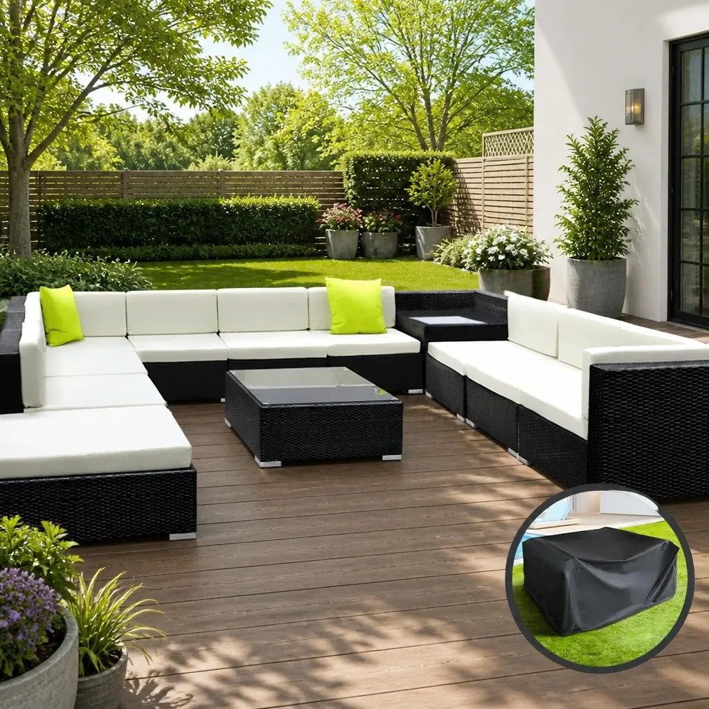 12 Piece Outdoor Wicker Sofa Set Black Aluminium Frame Beige Cushions