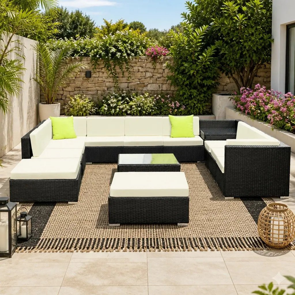 13 Piece Outdoor Wicker Lounge Setting Black Sofa Couch Armchairs Corner Table Beige Lime Green