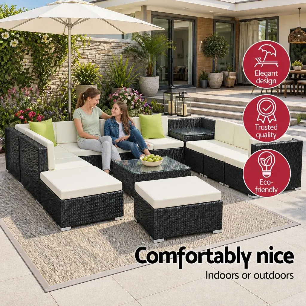 13 Piece Outdoor Wicker Lounge Setting Black Sofa Couch Armchairs Corner Table Beige Lime Green