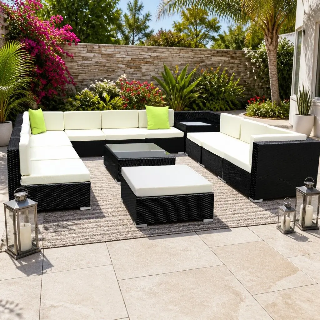 13 Piece Outdoor Wicker Lounge Setting Black Sofa Couch Armchairs Corner Table Beige Lime Green
