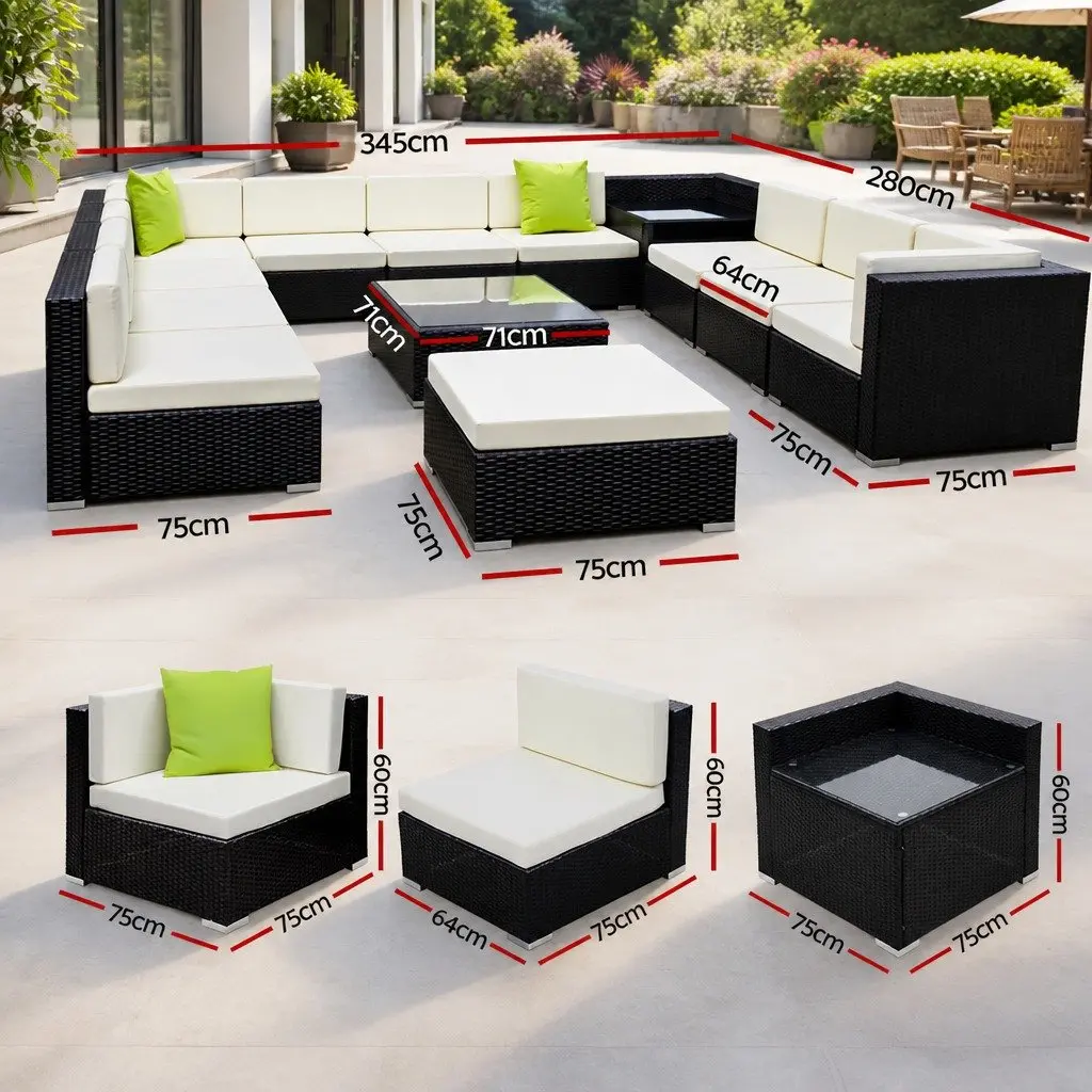 Wicker Lounge Sofa Set 13 Piece Outdoor Armchair Corner Table Cushions Black Beige Lime Green