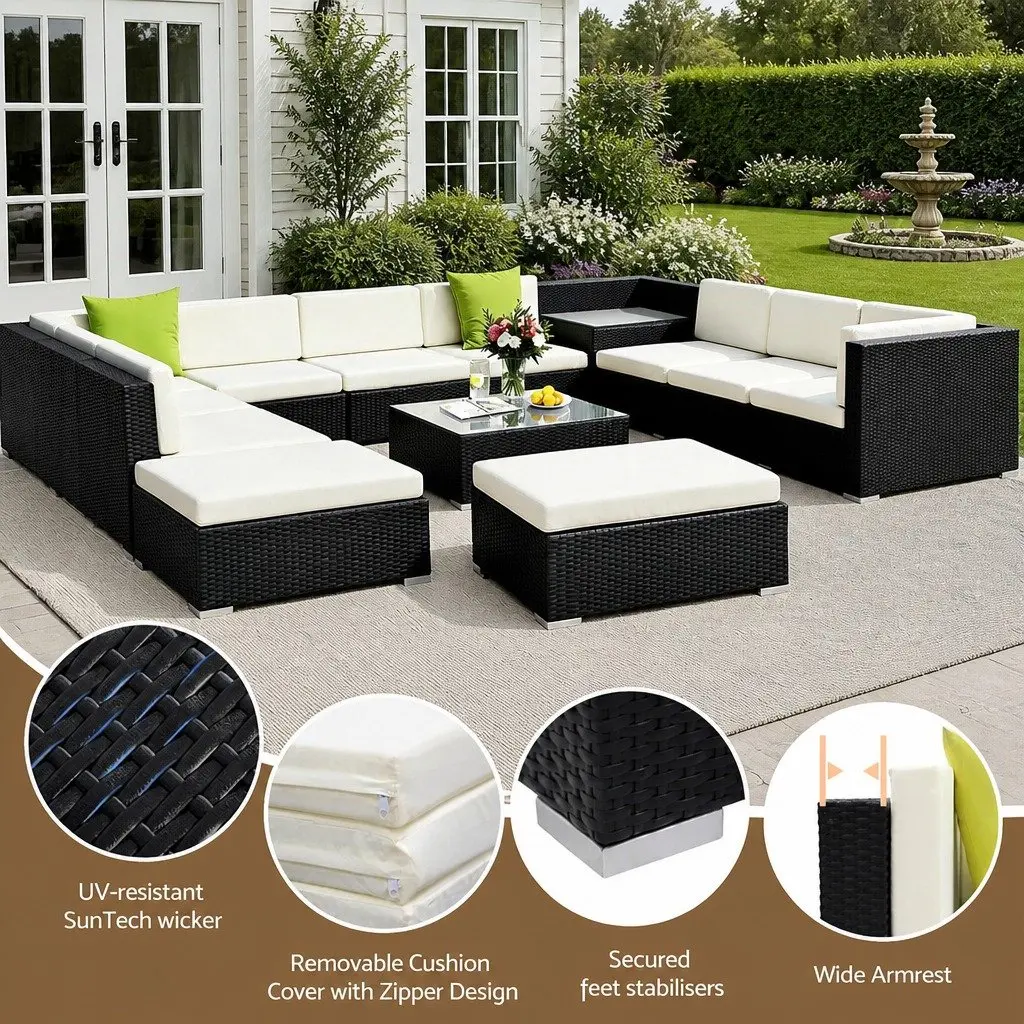 Wicker Lounge Sofa Set 13 Piece Outdoor Armchair Corner Table Cushions Black Beige Lime Green