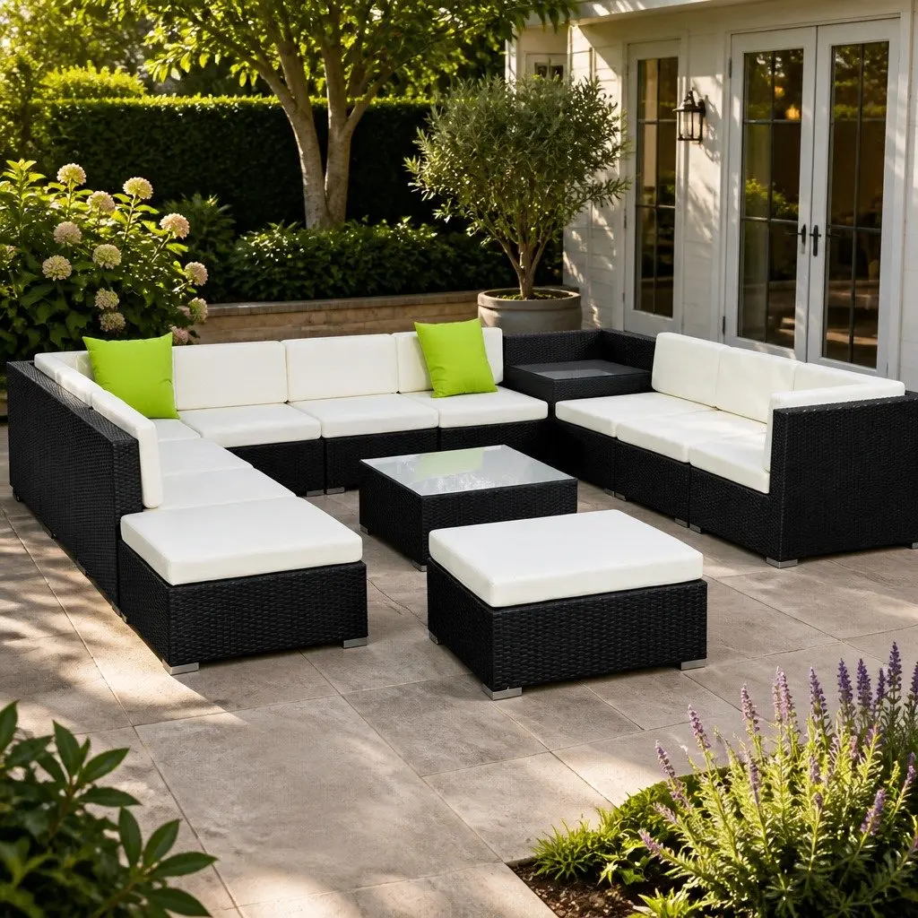 Wicker Lounge Sofa Set 13 Piece Outdoor Armchair Corner Table Cushions Black Beige Lime Green