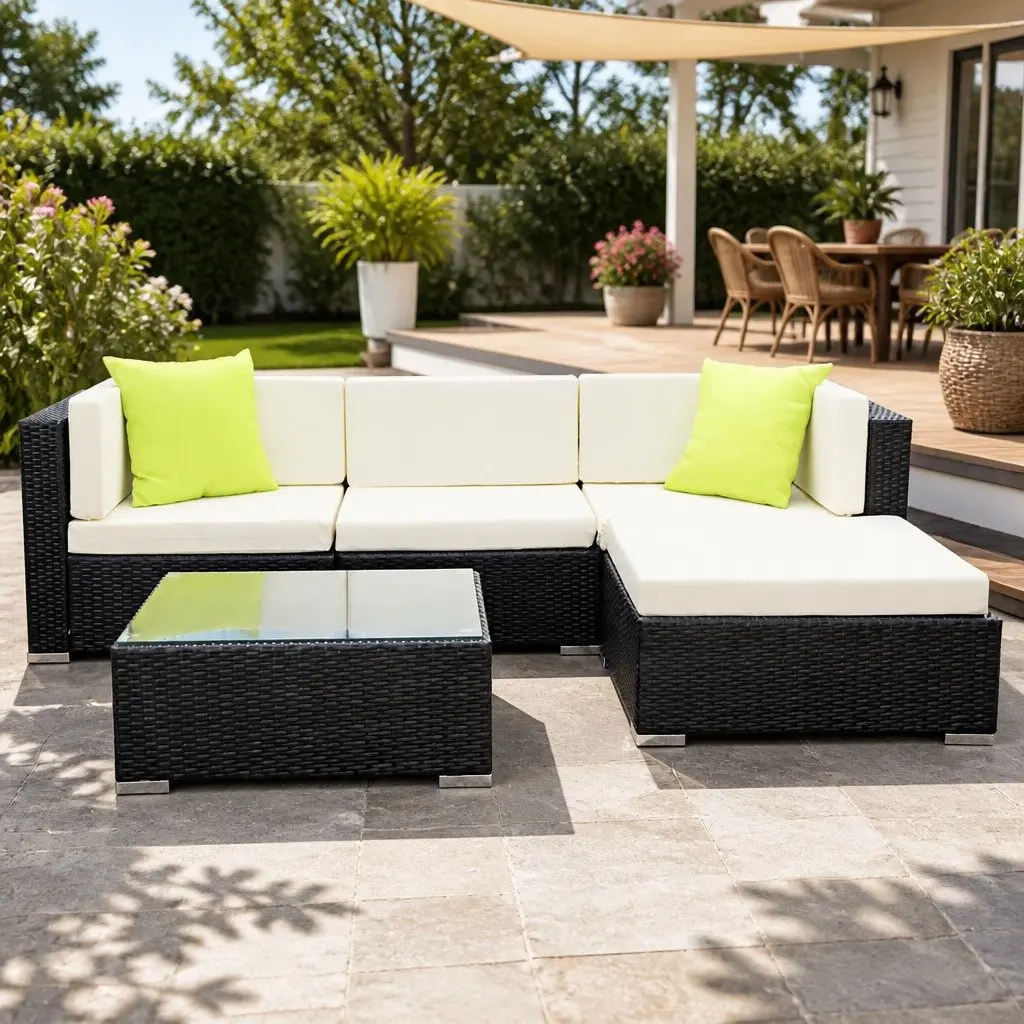 5 Piece Outdoor Sofa Set Wicker Lounge Couch Black Beige Lime Green