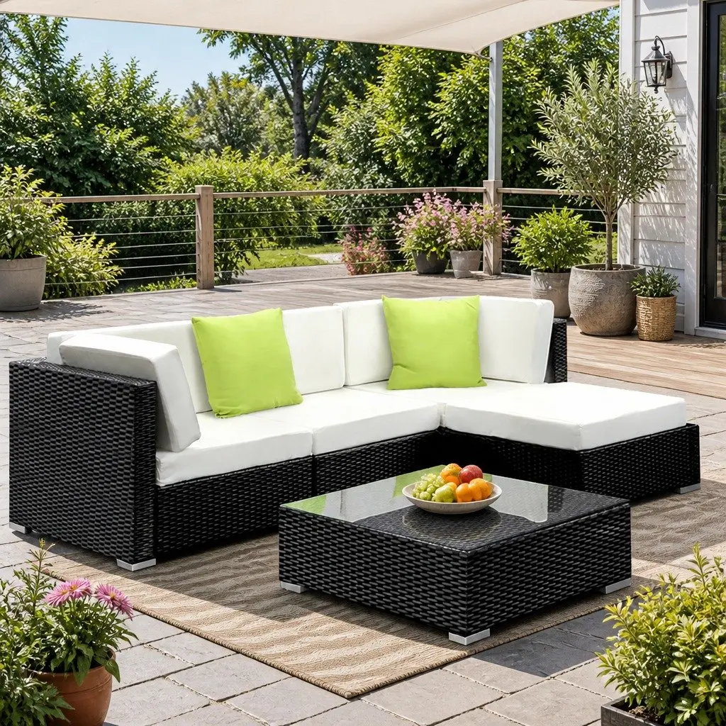 5 Piece Outdoor Sofa Set Wicker Lounge Couch Black Beige Lime Green