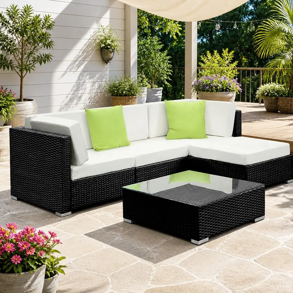 5 Piece Outdoor Sofa Set Wicker Lounge Couch Black Beige Lime Green