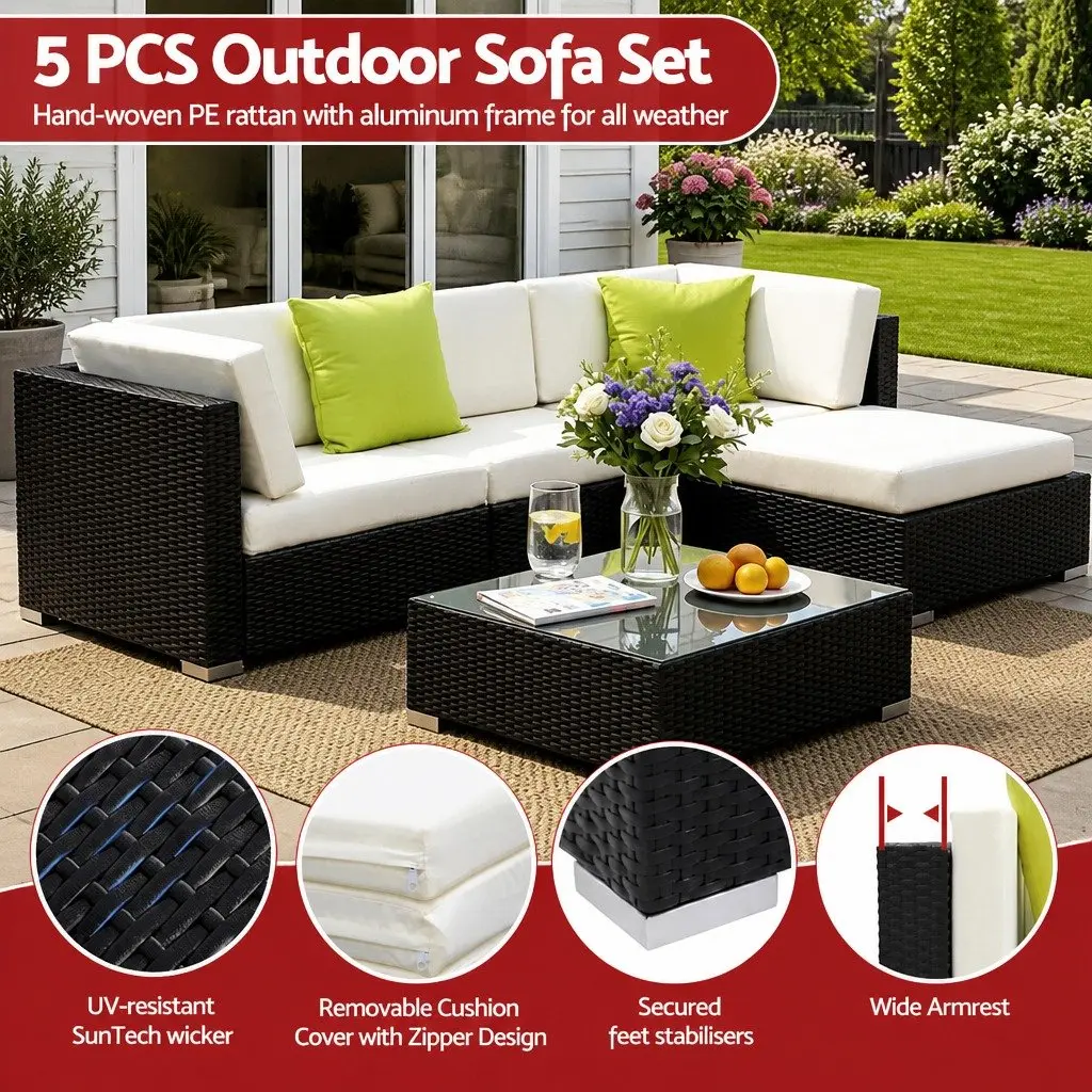 5 Piece Outdoor Wicker Sofa Set Aluminium Frame UV Resistant PE Wicker Black Beige Lime Green