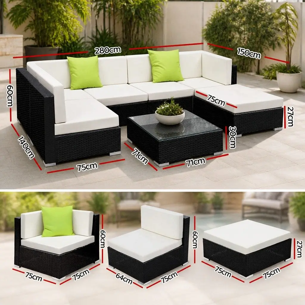 7 Piece Outdoor Sofa Set Wicker Lounge Couch Black with Beige Cushions and Glass Table