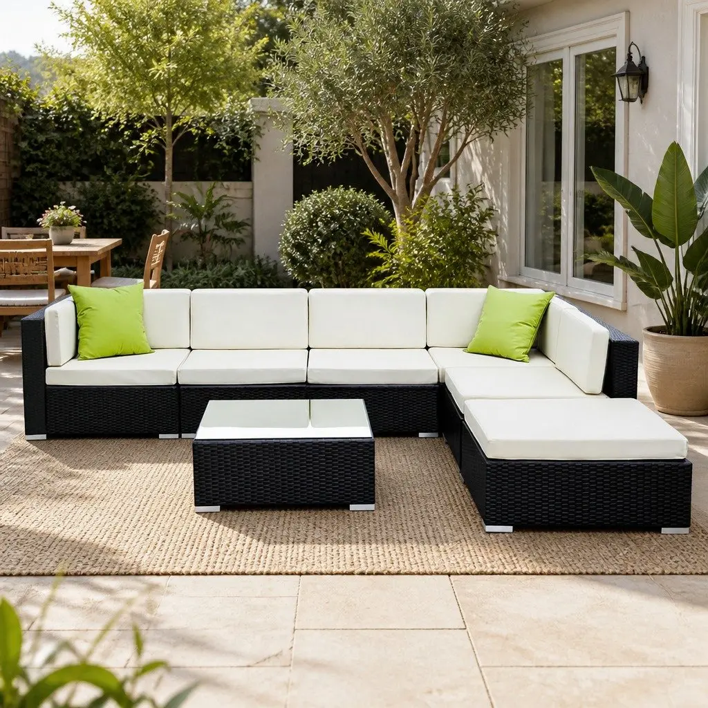 7 Piece Outdoor Sofa Set Wicker Lounge Couch Black with Beige Cushions and Glass Table