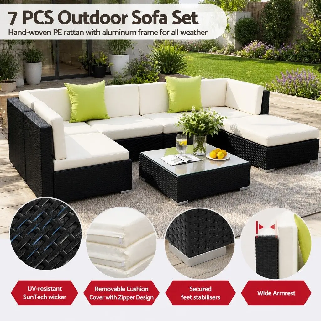 7 Piece Outdoor Sofa Set Wicker Lounge Couch Black with Beige Cushions and Glass Table