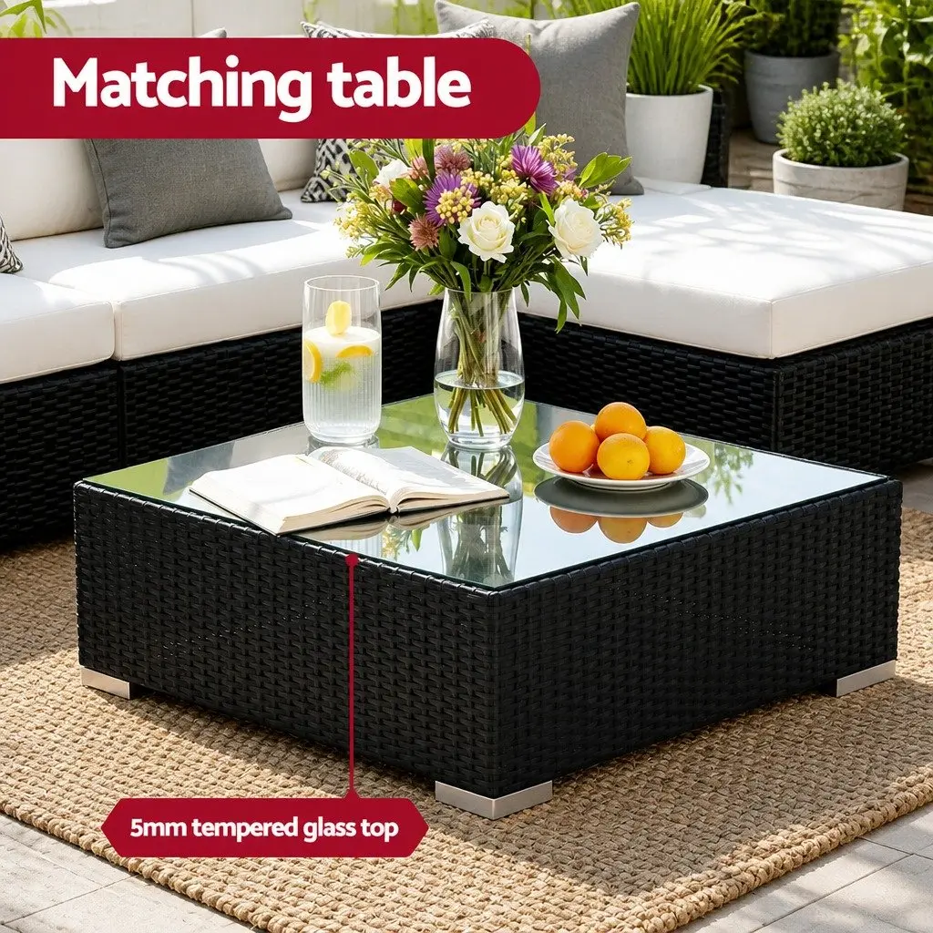 7 Piece Outdoor Sofa Set Wicker Lounge Couch Black with Beige Cushions and Glass Table