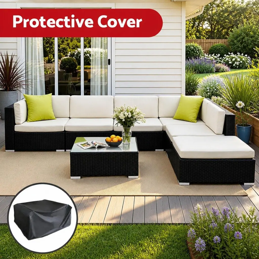 7 Piece Outdoor Sofa Set Wicker Lounge Couch Black with Beige Cushions and Glass Table