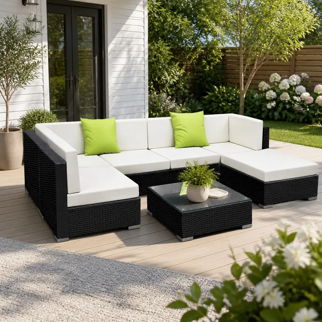 7 Piece Outdoor Sofa Set Wicker Lounge Couch Black with Beige Cushions and Glass Table