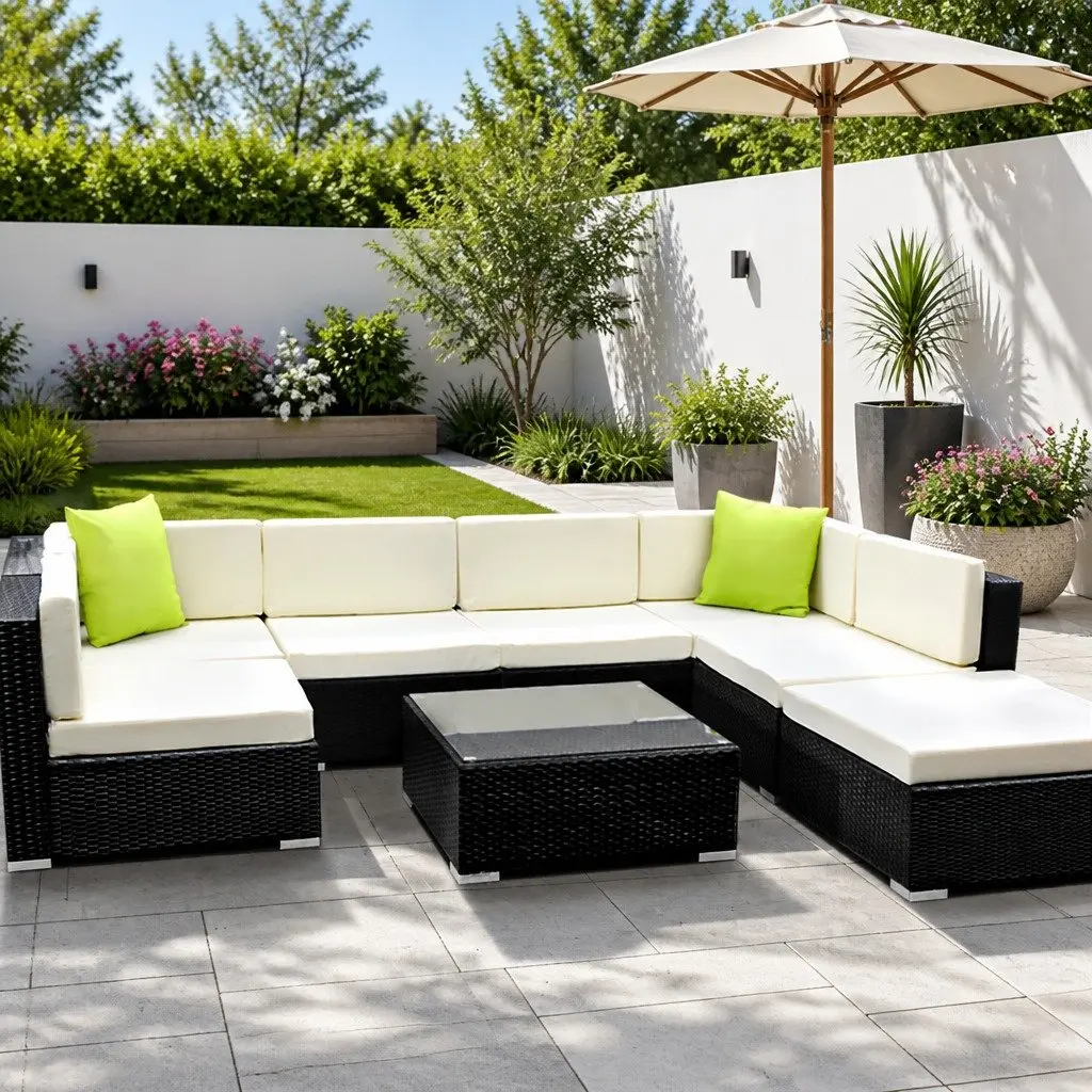 Outdoor Sofa Set Wicker 8 Piece 7 Seater Black Beige Lime Green