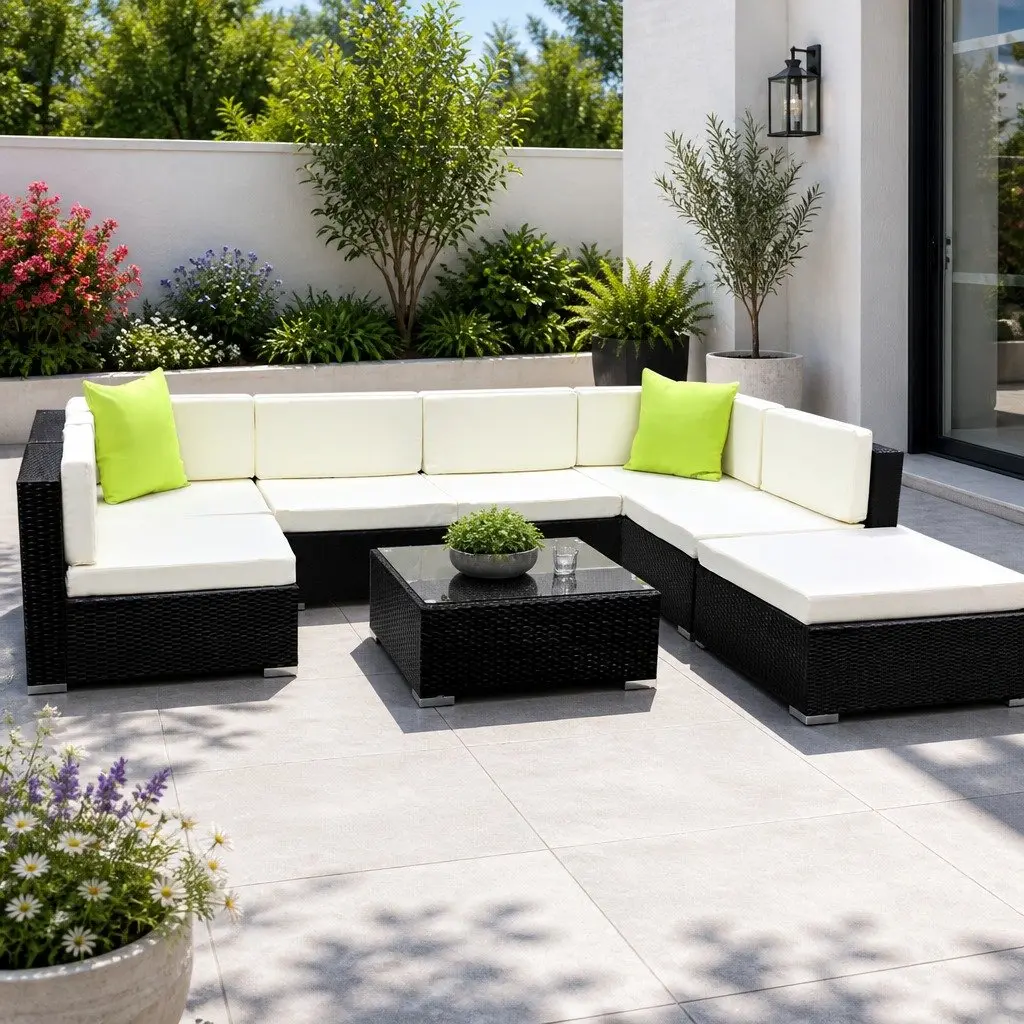 Outdoor Sofa Set Wicker 8 Piece 7 Seater Black Beige Lime Green