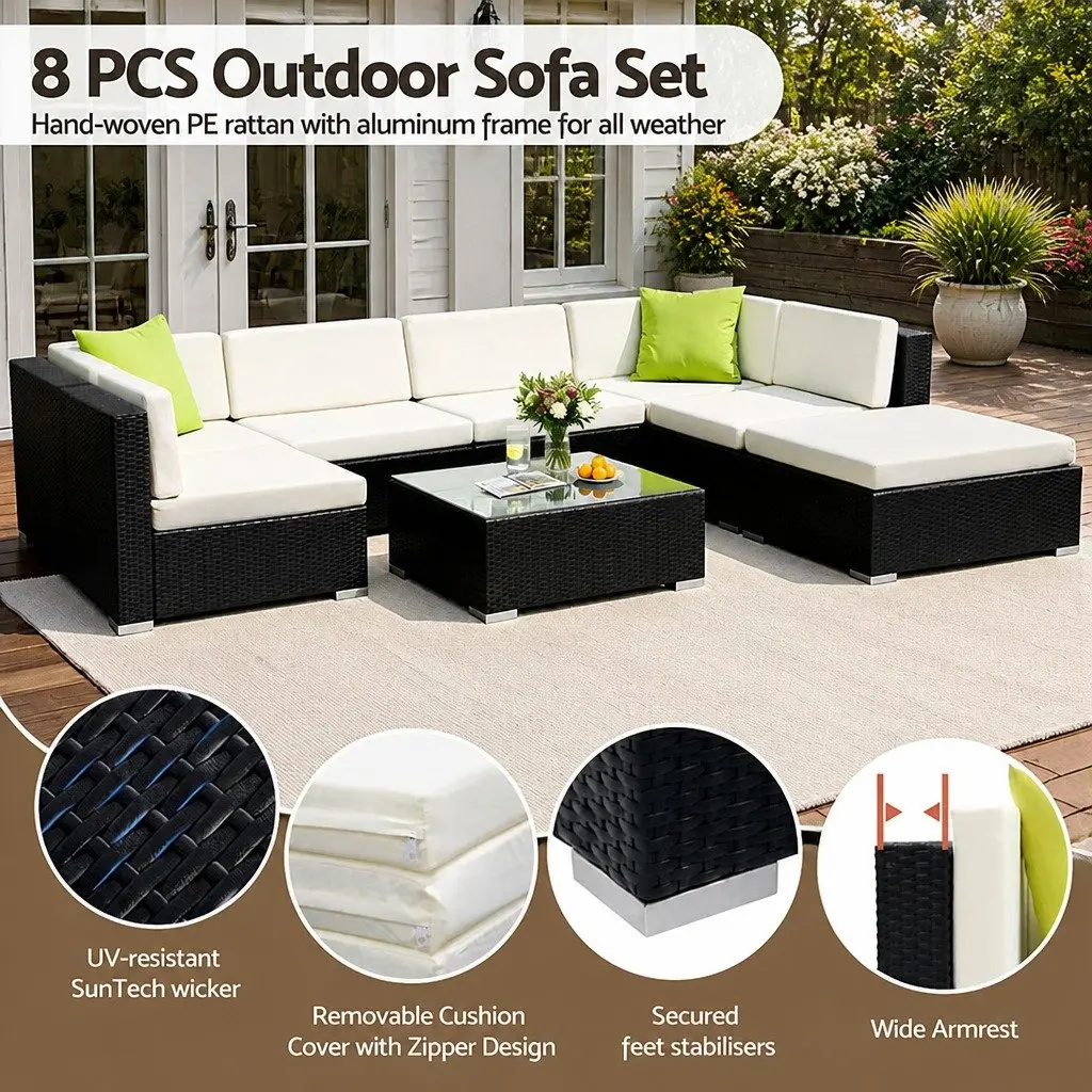 Outdoor Sofa Set Wicker Modular 8 Piece Black Beige Lime Green