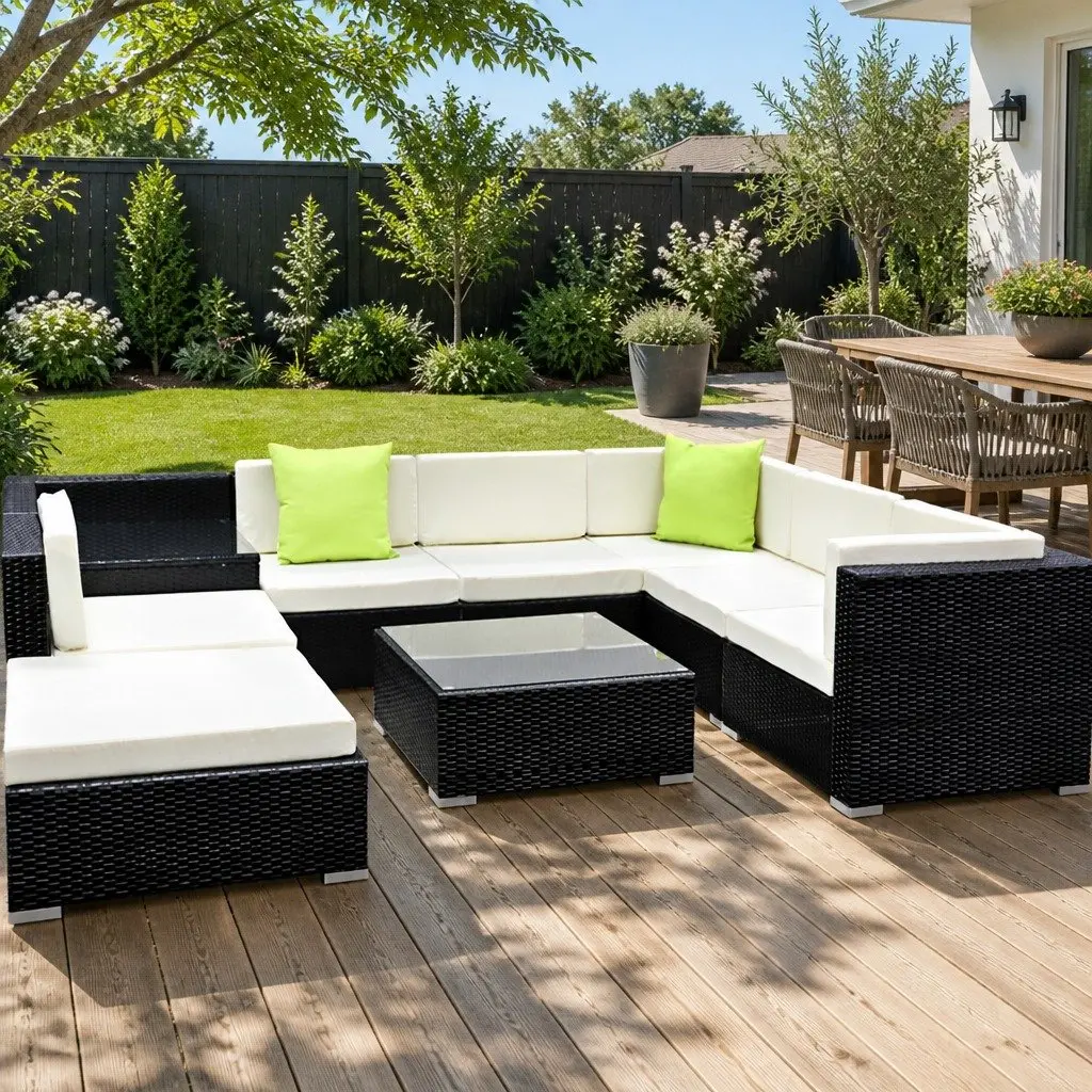 9PieceWickerSofaSetHeavyDutyAluminiumFrameBeigeCushionsLimeGreenWithGlassTopTableForOutdoorPatioGarden
