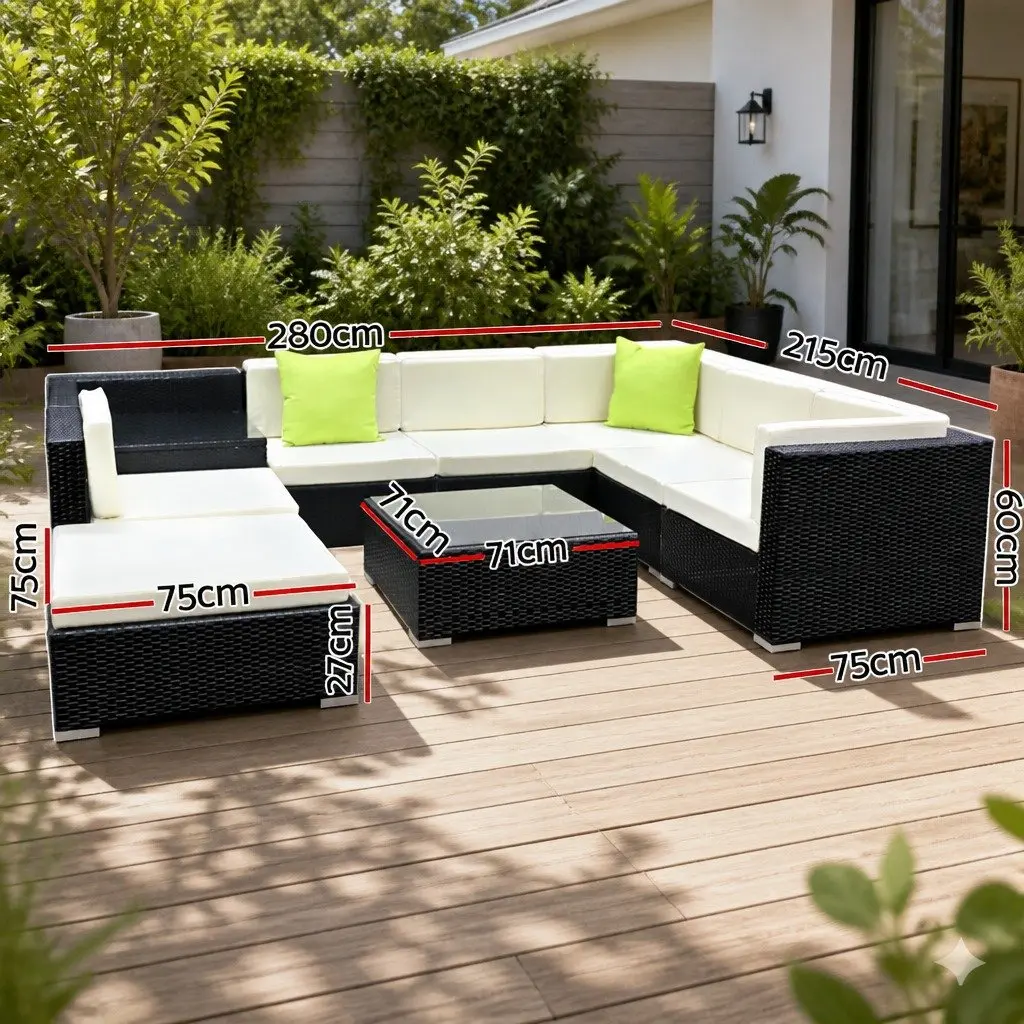 9PieceWickerSofaSetHeavyDutyAluminiumFrameBeigeCushionsLimeGreenWithGlassTopTableForOutdoorPatioGarden