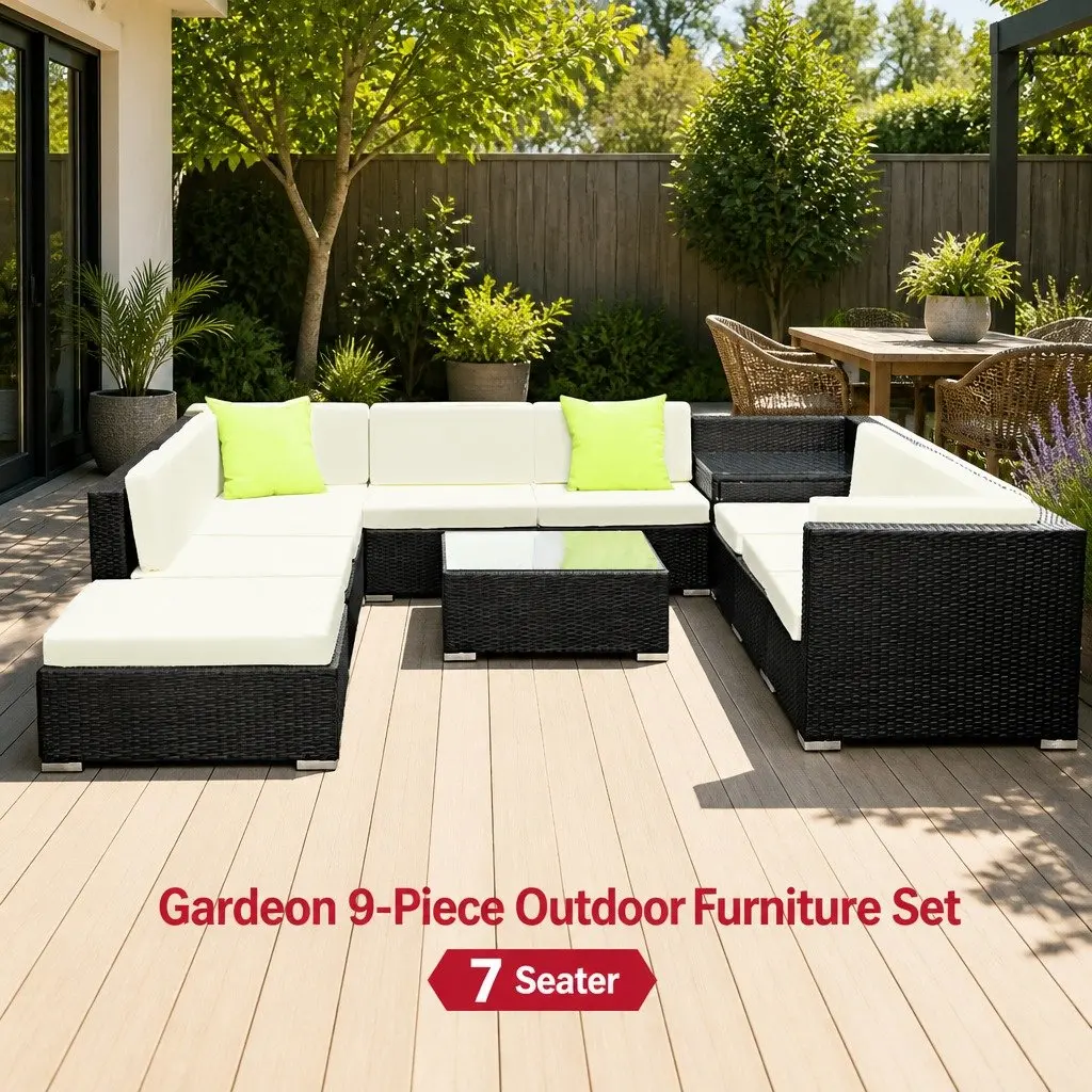 9PieceWickerSofaSetHeavyDutyAluminiumFrameBeigeCushionsLimeGreenWithGlassTopTableForOutdoorPatioGarden