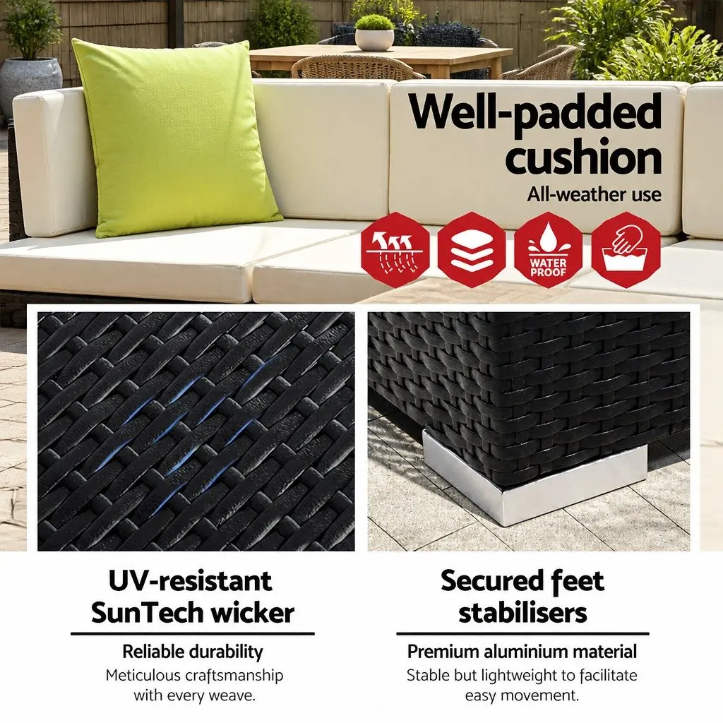 9PieceWickerSofaSetHeavyDutyAluminiumFrameBeigeCushionsLimeGreenWithGlassTopTableForOutdoorPatioGarden