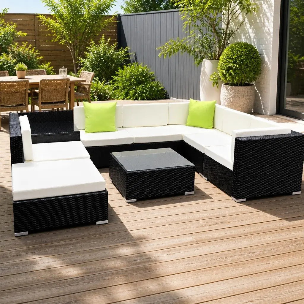 9PieceWickerSofaSetHeavyDutyAluminiumFrameBeigeCushionsLimeGreenWithGlassTopTableForOutdoorPatioGarden