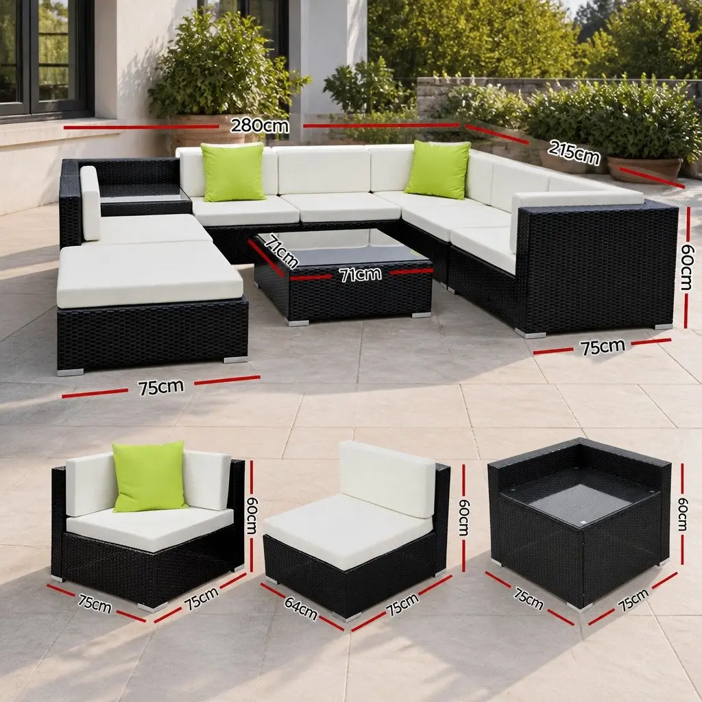 9PieceWickerLoungeSetOutdoorCouchBlackCornerTableCushionsBeigeLimeGreen