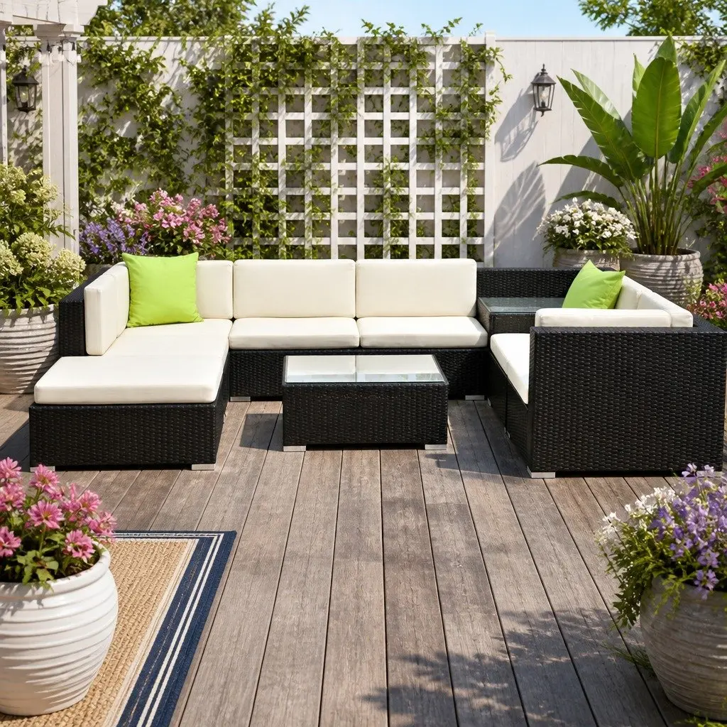 9PieceWickerLoungeSetOutdoorCouchBlackCornerTableCushionsBeigeLimeGreen