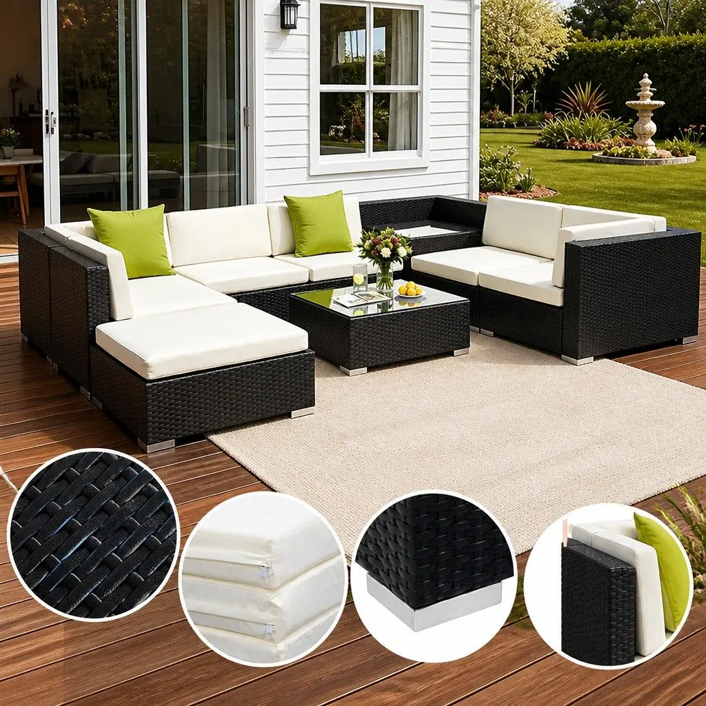 9PieceWickerLoungeSetOutdoorCouchBlackCornerTableCushionsBeigeLimeGreen