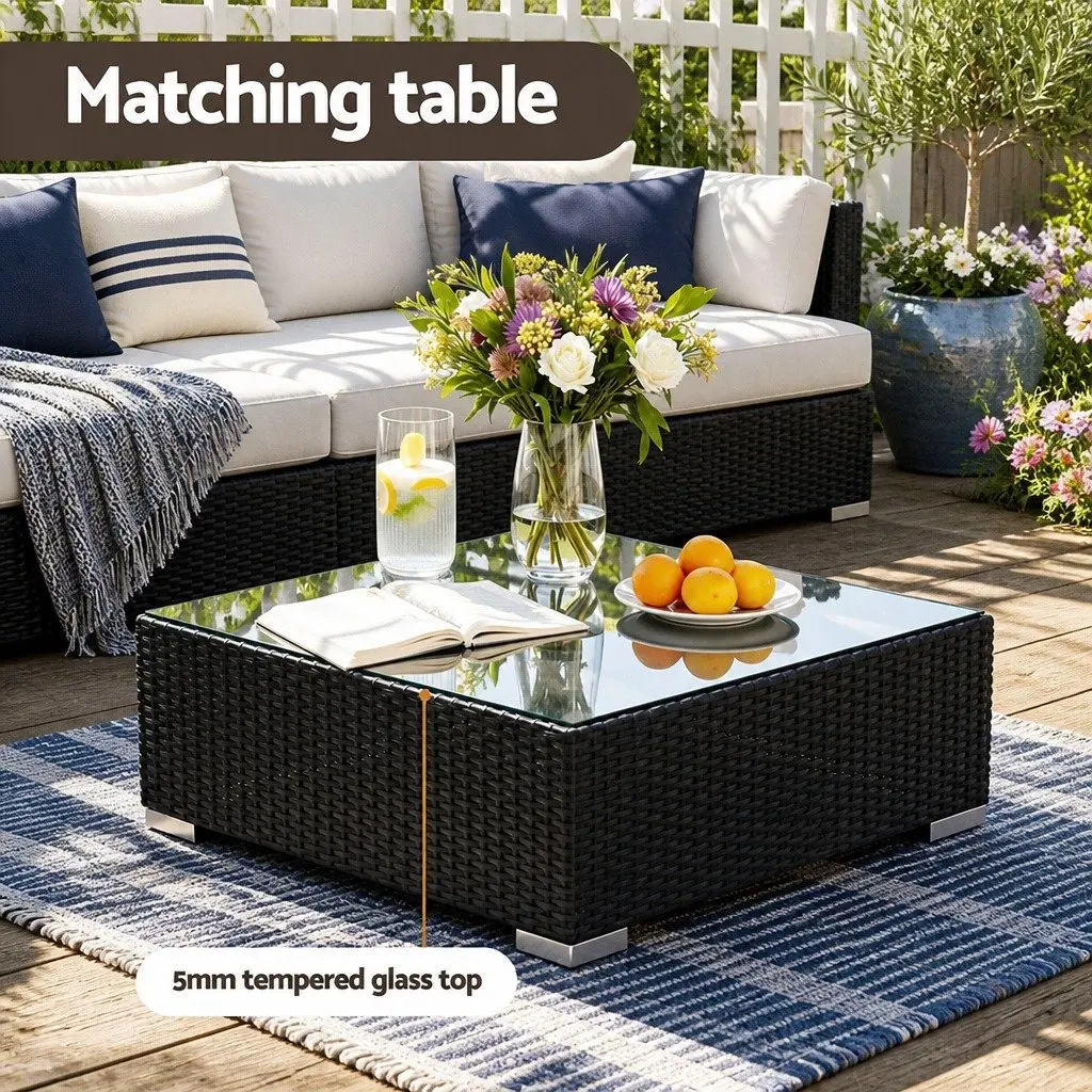9PieceWickerLoungeSetOutdoorCouchBlackCornerTableCushionsBeigeLimeGreen