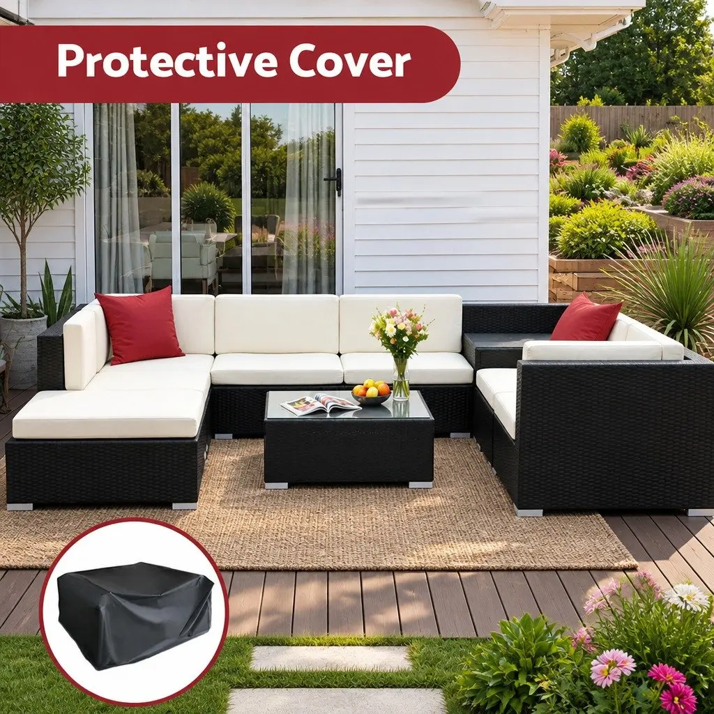 9PieceWickerLoungeSetOutdoorCouchBlackCornerTableCushionsBeigeLimeGreen