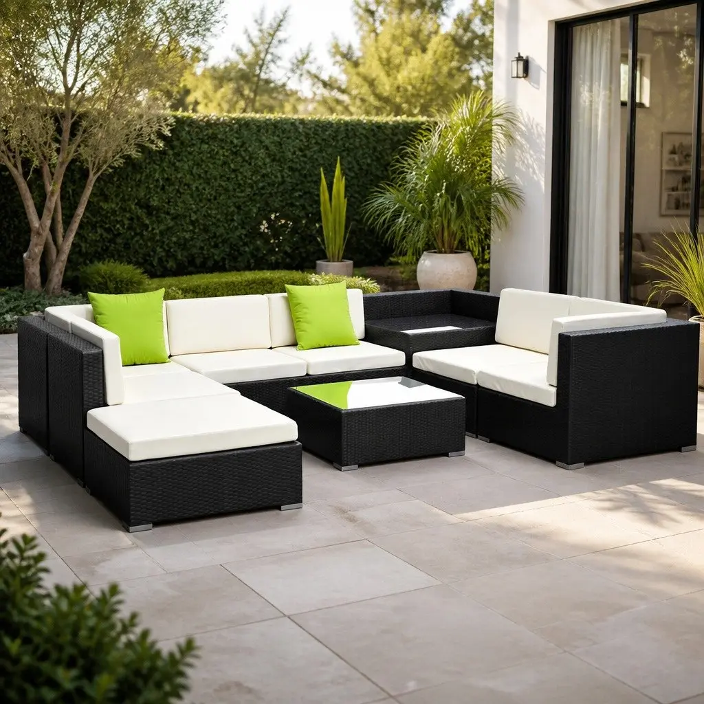 9PieceWickerLoungeSetOutdoorCouchBlackCornerTableCushionsBeigeLimeGreen