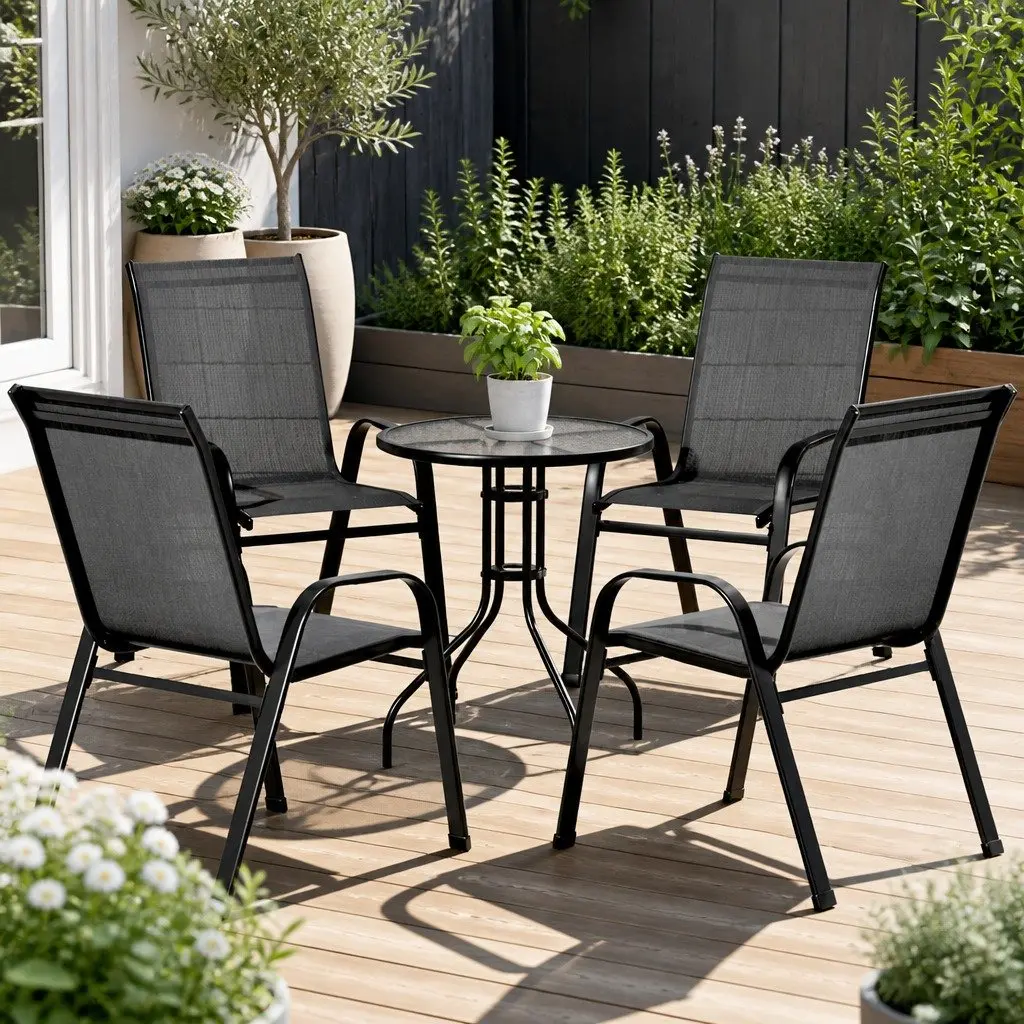 5PC Bistro Set Outdoor Stackable Chairs and Table Black Tempered Glass