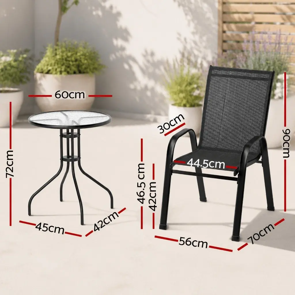5PC Bistro Set Outdoor Stackable Chairs and Table Black Tempered Glass