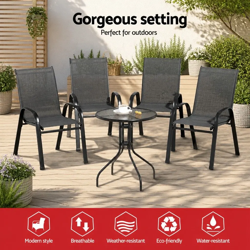 5PC Bistro Set Outdoor Stackable Chairs and Table Black Tempered Glass