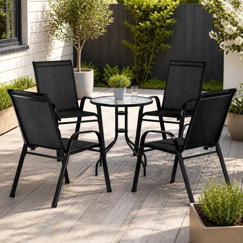 5PC Bistro Set Outdoor Stackable Chairs and Table Black Tempered Glass