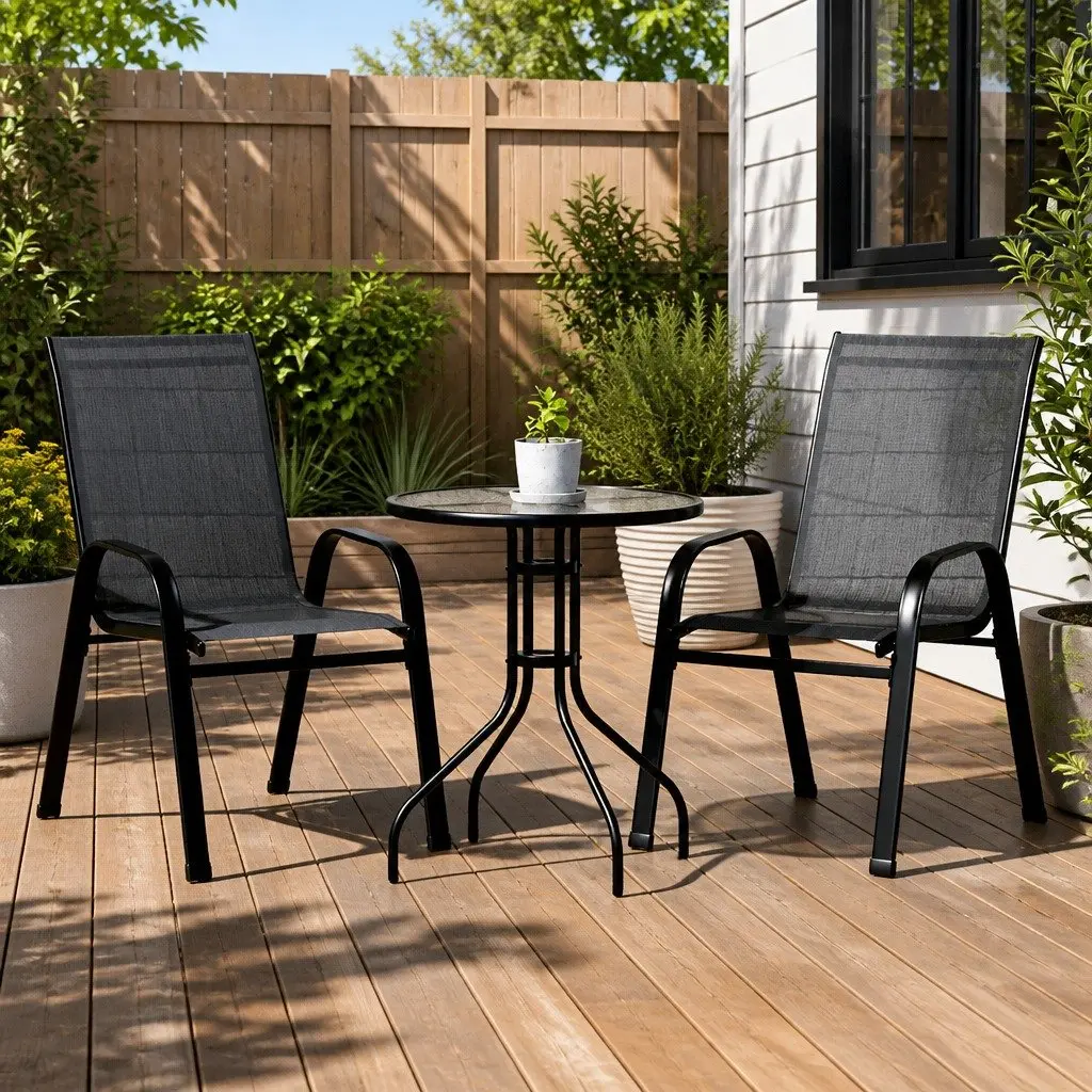 3-Piece Outdoor Bistro Set Steel Frame Textilene Fabric Stackable Chairs Tempered Glass Table Black