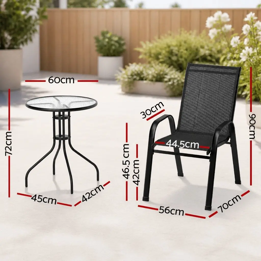 3-Piece Outdoor Bistro Set Steel Frame Textilene Fabric Stackable Chairs Tempered Glass Table Black
