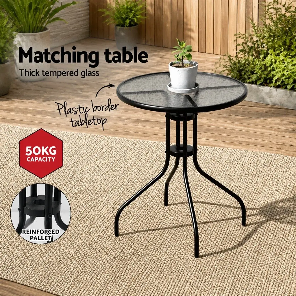 3-Piece Outdoor Bistro Set Steel Frame Textilene Fabric Stackable Chairs Tempered Glass Table Black