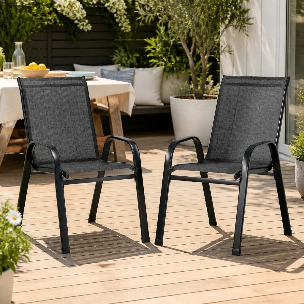 Outdoor Stackable Dining Chairs Set of 2 Patio Lounge Furniture Black Steel