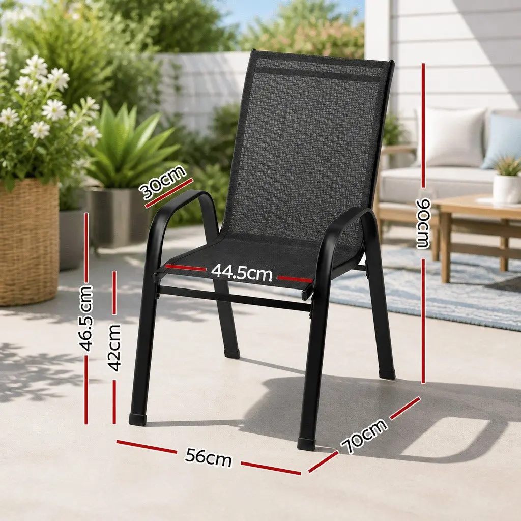 4 Piece Stackable Dining Chairs Black Steel Frame Textilene Fabric Outdoor Patio Furniture