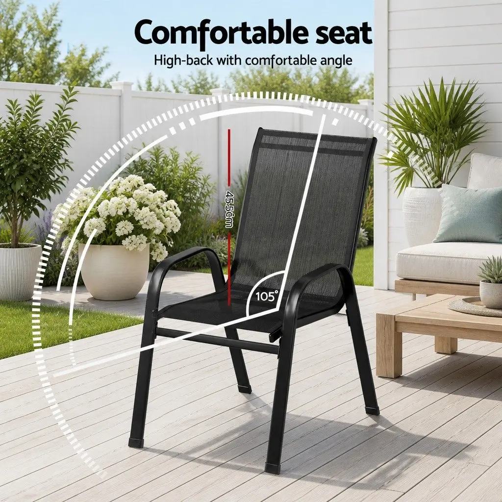 4 Piece Stackable Dining Chairs Black Steel Frame Textilene Fabric Outdoor Patio Furniture
